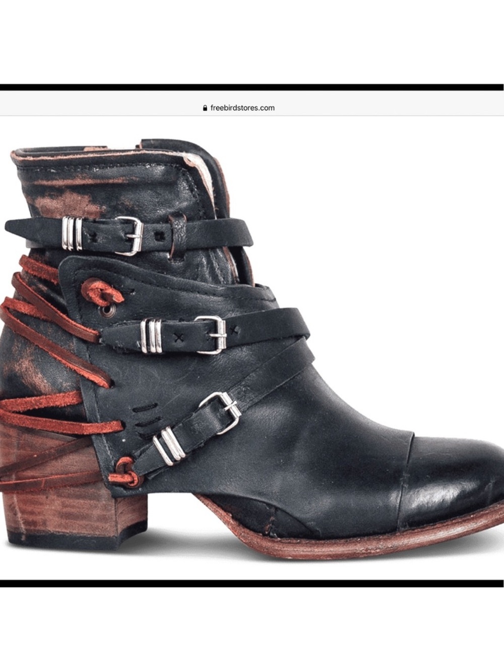 Freebird by Steven Black Leather Buckle Wrap Ankle Boots with Red Accents